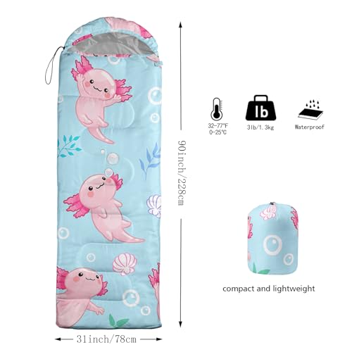 QOOMO Axolotl Cute Camping Sleeping Bags,3 Season Warm & Cool Weather,Lightweight,Waterproof Sleeping Bags for Adults & Kids,Traveling,and Outdoors - color: Ocean Axolotl