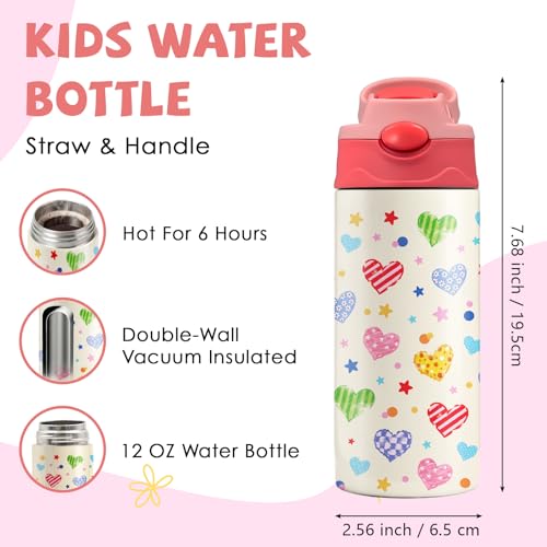 Heart 12 oz Water Bottle with Straw – Kids Stainless Steel Vacuum Insulated Cup, Leakproof Pop-Up Spout, Reusable Travel Mug for Boys and Girls Outdoor Sports - color: Heart1