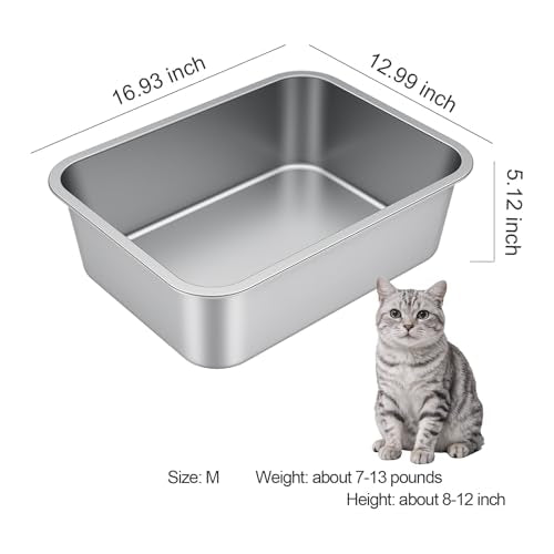 Stainless Steel High Sided Cat Litter Box | Sturdy Metal, Odor-free, Cat Litter Non-stick and Easy to Clean, Ideal for Indoor Cats, Kittens and Multicat Houses - size: 16.93"L x 12.99"W x 5.12"H