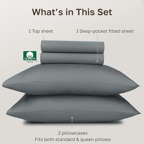 California Design Den Certified 100% Egyptian Cotton Queen Bed Sheets, Grey | Backed by Good Housekeeping Seal, Light & Airy Soft Sateen, 16" Deep Pocket, All-Around Elastic, Durable, Easy Care 4pc Set - color: Grey, size: Queen