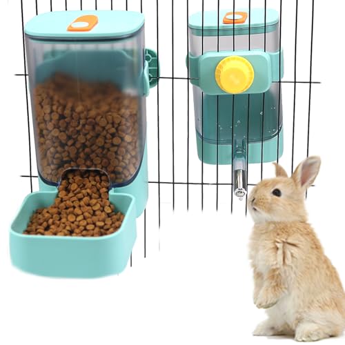 PODOO Rabbit Food Water Dispenser, 24oz No Drip Bunny Water Feeder, 34oz Large Hanging Automatic Pet Food Dispenser, Hanging Outside or Inside The Cage for Small Animals (Food+Water) | 24oz water dispenser and 34oz food feeder with clear detachable contai
