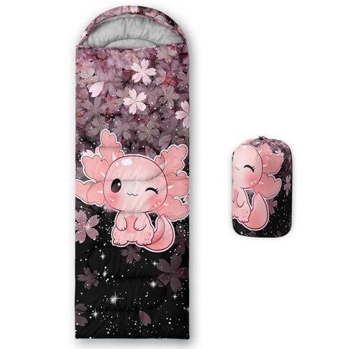 QOOMO Axolotl Cute Camping Sleeping Bags,3 Season Warm & Cool Weather,Lightweight,Waterproof Sleeping Bags for Adults & Kids,Traveling,and Outdoors - color: Axolotl Cherry Blossom