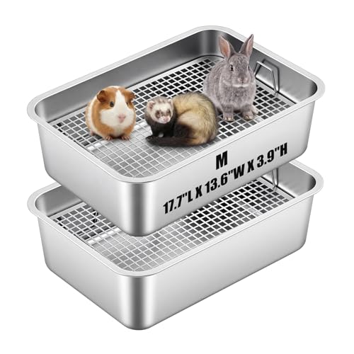 Maxcheck 2 Pcs Rabbit Litter Box, Stainless Steel Rabbit Litter Pan with 2 Grids, High Side Bunny Toilet Tray Potty Training Pan for Rats Ferret Bunny Guinea Pig(M 17.7''L x 13.7''W x 4''H) - size: M 17.7''L x 13.7''W x 4''H