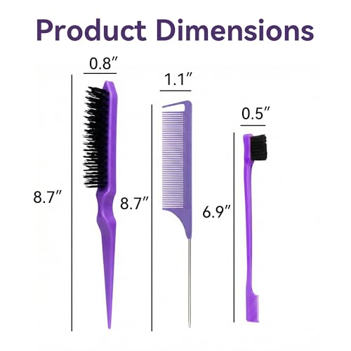 Slick Back Hair Brush Set, Purple 3-Piece Rat Tail Brush Teasing Comb with Metal Pin and Edge Brush Comb for Parting Smoothing and Styling at Home or Salon - color: purple