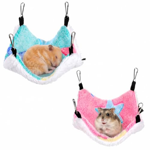 2 Pack Hanging Corner Pet Rat Hammock with Hooks, Warm Fleece Hammocks Small Animal Bed Hideout Swing Cage Accessories for Rats Squirrels Sugar Gliders Guinea Pigs Hamsters Ferret Chinchilla