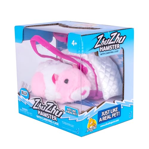 ZhuZhu City Hamster & Quilted Carrier – Jilly the Pink & White Interactive Hamster with 40+ Sounds & Movements – Take Your ZhuZhu Adventures Anywhere!