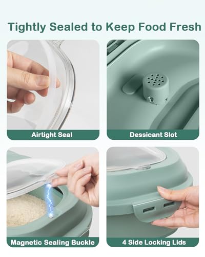 20-50 Lbs Food Storage Containers,Collapsible Rice Container with Wheel Airtight Locking Lid,Flour Storage Container with Small Food Jar and Scoop,Suitable for Food,Rice,Pet Food,Flour - color: Green/20-50LBS