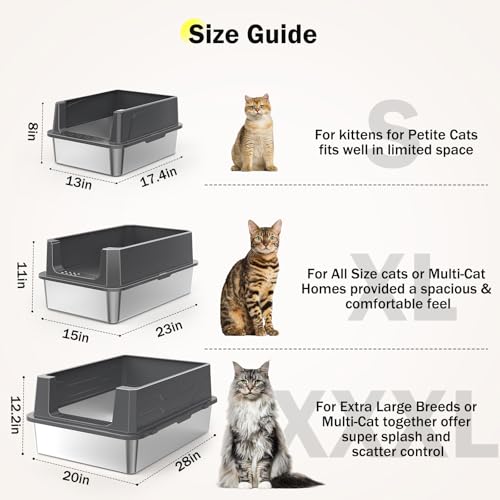 Stainless Steel Litter Box Extra Large for Big Cats Multi-Cats, Jumbo Extra Large Metal Cat Litter Box with High Sided Lid, Anti-Urine Leakage, Non-Stick,Include Litter Scoop - color: Dark Grey, size: XXXL