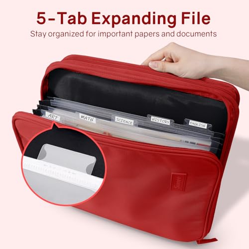 SUNEE Zippered Binder Bag with Handle, 2-Inch 3-Ring O-Ring, 500-Sheet Capacity, Includes Zip Pocket, 5-Tab Expanding File Folder, Multi-Pocket Organizer Binder for Middle School, Bright Red - color: Bright Red