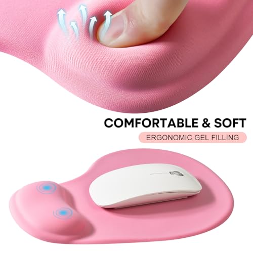 JIKIOU Ergonomic Mouse Pad with Gel Wrist Rest 2 Pack, Portable Small Pink | Upgraded-Prevent Gel Leakage, Ergonomic Design for Pain Relief, Cooling Gel filled, Smooth Lycra Surface, Non-Slip PU Base - color: 02Pink