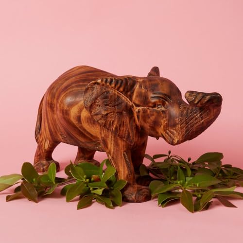 Large Wood Animal Sculptures Set for Room Decor, Giraffe, Hippo, Rhino, Lion and Elephant Statues, Brown - size: Set of 5