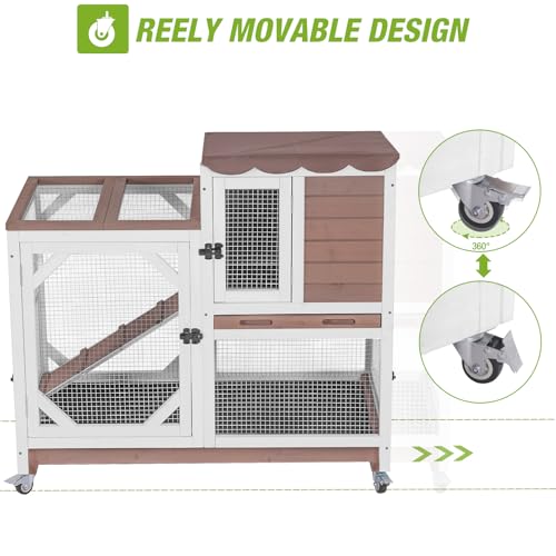 Gutinneen 2-Story Rabbit Hutch Bunny cage Wooden Rabbit Cage Indoor/Outdoor with Chew-Proof Ramp, 2 Leak-Proof Pull-Out Trays, Lockable Wheels for Rabbits, Guinea Pigs, Small Animals (Brown and White)