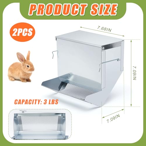 2 Pcs Rabbit Feeder for Cages Small Animal Food Pellet Dispenser with Lid Metal Chicken Grit Oyster Shell Squirrel Feeders Outside(7.7 Inches,Mesh Bottom,Silver) - color: Silver, size: 7.7 Inches, style: Mesh Bottom
