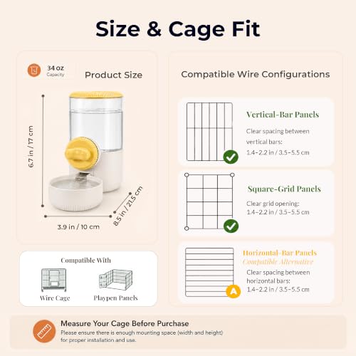 34 oz Hanging Water Dispenser for Small Animals, Guinea Pigs & Rabbits | Secure Mount | Adjustable Height | One-Way Flow | Outside Refill | Easy Cleaning - color: Yellow