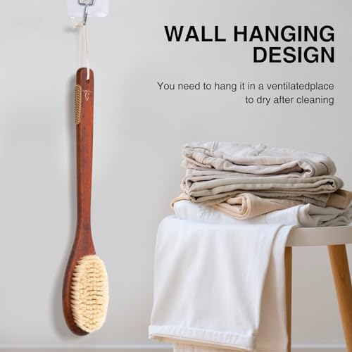 Wooden Bath Brush with Stiff Sisal Bristles Long Handle for Shower Back Scrubber Body Exfoliator, with Hook for Hanging (Stiff Sisal Hair) - color: Stiff Sisal Hair