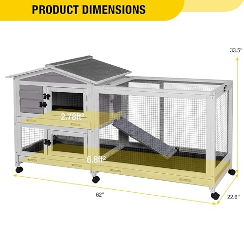 Aivituvin Rabbit Hutch Indoor 2 Story Bunny Cage Outdoor Guinea Pig Cage with Caster Wheels Chicken Coop with Run, 3 Pull Out Tray Grey - color: Grey
