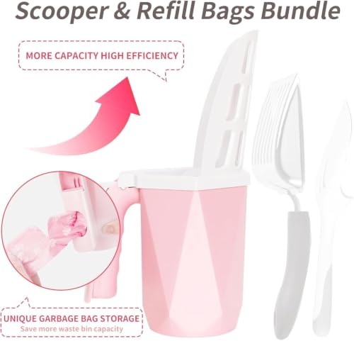 Cat Litter Scooper with Holder, 150 Poop Bags & Built-in Storage Box, Pink | One-Touch Detach, Integrated Design, Quick-Change Bag, Multi-Size Holes, One-Hand Operation, Large Capacity Trash Can