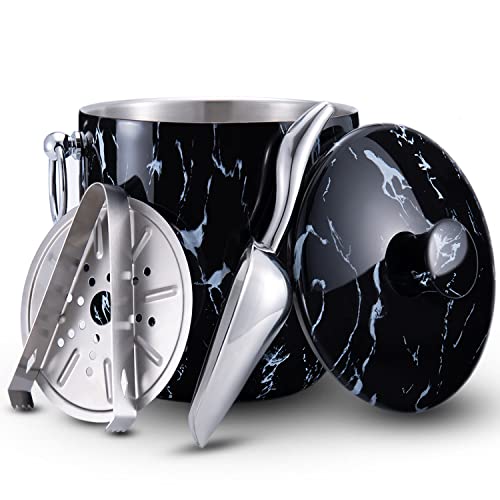 Ice Bucket with Lid, Scoop, Tongs and Strainer - Well Made Insulated Stainless Steel Keep Ice Frozen Longer - Ideal for Cocktail Bar, Parties, Chilling Wine, Champagne - 3 Liter (Black Marble) - color: Black Marble