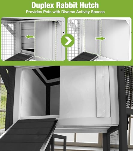 GUTINNEEN Duplex Rabbit Hutch Indoor with Chew-Proof Frame & 2 Leak-Proof Sliding Trays, Rain Cover, Wooden Guinea Pig Cages with Wheels - Black and White - color: Black and White