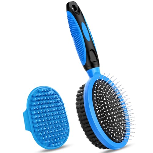 2PCS Pet Grooming Tools - Double-Sided Brush for Shedding and Bathing, Suitable for Short/Long Haired Dogs Cats and Horses, Deshedding Dog Brush, Mane & Tail Combs for Horses - Pet Supplies (Blue) - color: Black Blue