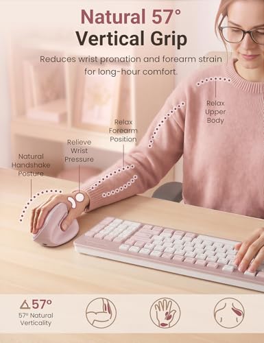 Ergonomic Vertical Wireless Mouse, 57°, Small/Medium Hands, Pink | Rechargeable, Quiet Click, 800/1200/1600 DPI, 2.4GHz USB Receiver, Forward/Back Buttons, Computer Mouse for Laptop PC Mac - color: Pink