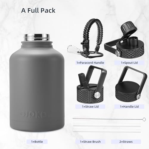 BJPKPK 50oz Stainless Steel Insulated Water Bottle, Vacuum Water Bottle with Straw, Leak Proof, Hot & Cold Insulation, 3 Lids & Paracord Handle, Gray | with Straw Lid, 3 Lids & Paracord Handle, Keep Cold & Hot, BPA-Free Leak-Proof Water Jug for Gym Sports