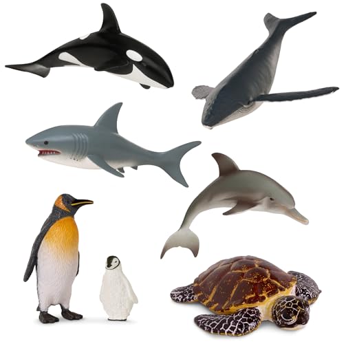 Terra by Battat Sea Life Animals, Ocean Animal Figures Set, 6-Piece Set | 7 ocean animal figures with shark, dolphin, whales, turtle, emperor penguin and baby for sensory bins and play, 3+ Years