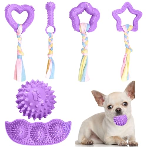 ABRRLO 6 Pack Puppy Teething Toys Cute Purple Puppy Chew Toys for Teething Small Breed Dog Chew Toy Interactive Pet Toy Set for Puppies to Keep Them Busy Soft Durable Small Breed Doggy Chewing Ball - color: Purple