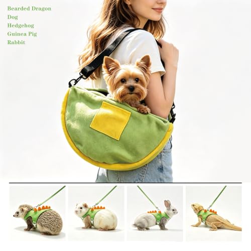 Ferret Harness Leash with Carrier Set，Small Animals Vest Harness, Dinosaur Shaped Leash Set, Semi-Circular Bag for Rabbit Guinea Pig Teacup Chihuahua Mouse and Other Small Pet (Green)