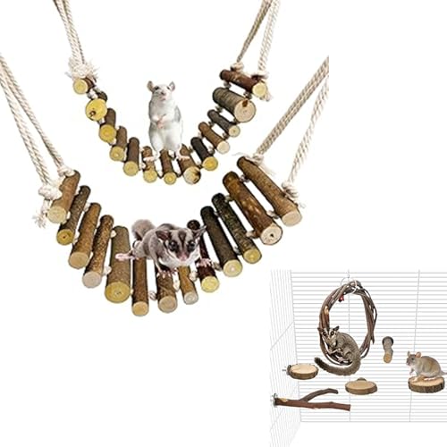 BNOSDM Sugar Glider Climbing Toys 2 Pack Nature Wood Rope Ladder Hanging Bridge Cage Accessories and 6 Packs Wooden Sugar Glider Cage Accessories Rat Climbing Toys with Swing Perch Stands Platforms