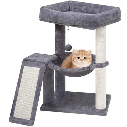 YOUPET Cat Tree with Cat Scratching Post for Indoor Cats, Cat Tower with Scratching Board and Playful Toy Balls, Cat Tree Tower with Cozy Hammock,Grey - color: Grey