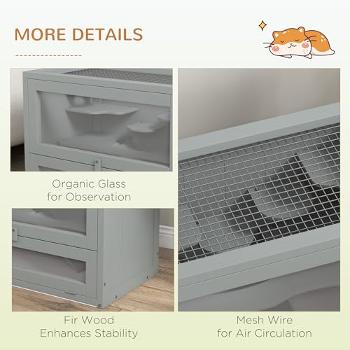 PawHut 2-Level Hamster Cage, Mouse Cage for Chinchillas, Gray | Mice and Rat House, Small Animal Habitat, Front Door, Shelf, Ladder, Openable Top - color: Gray