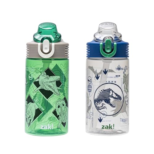 Zak Designs Jurassic World Sage 16oz Leak-Proof Straw Kids Water Bottle | BPA Free Durable Plastic, Cupholder Friendly, Dishwasher Safe, Easy to Clean, Lid Lock, Handle, For School, Home, Travel - color: Jurassic World (Green and Blue)