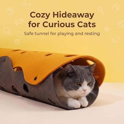 ZEZE Cheese Cat Tunnel for Indoor Cats, Felt Peek Hole Hide Tunnel Toy with Snap Buttons, Foldable Interactive Cat Play Mat for Hide & Seek and Indoor Enrichment
