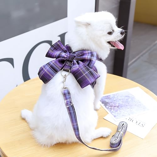 Cute Dog Harness and Leash Set with Bow Tie Soft Mesh Plaid Girl Puppy Harness No Pull Pet Cat Dog Vest Harness for Small Dogs Chihuahua Rabbit Outfit (Purple,M) - color: Purple, size: M(Chest 12"-14")