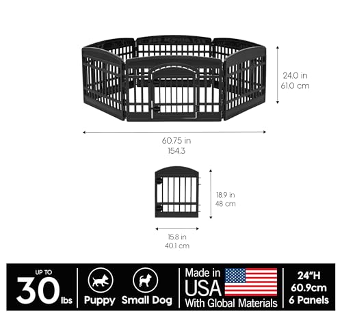 IRIS USA 6-Panel Dog Playpen, Pet Enclosure, Black | Pet Containment, Custom Pen Configuration, Multi-Shape Setup, Flexible Boundary, Tool-Free Assembly, Secure Door Latch - color: Black, size: 6 Panel - 24" H