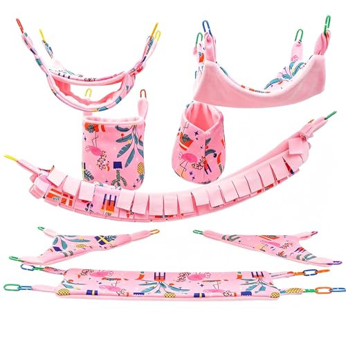 8 Pcs Sugar Glider Cage Set, Small Animal Fleece Hammock Set, Hanging Bed, Climbing Bridge and Toys for Sugar Gliders, Fancy Rats, Squirrels,Ferrets,Pink7126-1 - color: Pink