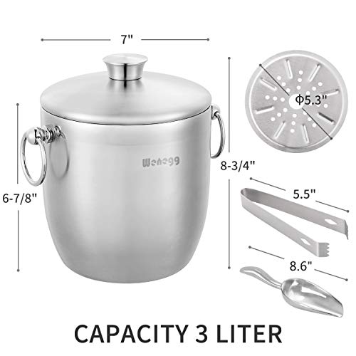 Ice Bucket with Lid, Scoop, Tongs and Strainer - Well Made Insulated Stainless Steel Keep Ice Frozen Longer - Ideal for Cocktail Bar, Parties, Chilling Wine, Champagne - 3 Liter (Stainless Steel) - color: Stainless Steel