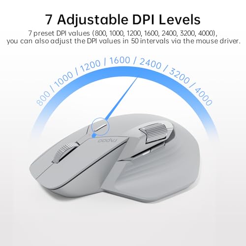 Rapoo MT760 Multi-Device Wireless Mouse, Bluetooth 5.0 and 2.4G Multi-Mode Connection, Up to 4 Devices, 11 Programmable Buttons, 4K DPI, 90 Days Battery Life, PC, Light Grey - color: Light Grey, size: Standard