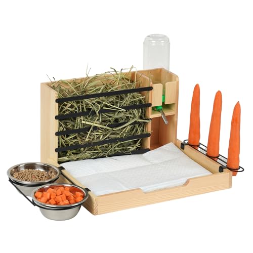 Rabbit Hay Feeder, 4 in 1 Wood Guinea Pig Hay Feeder Bunny Hay Holder with Litter Box 500ml Water Bottle 2 Food Bowl Small Animals Stuff for Cages for Chinchillas Hamster Dwarf Rabbit Ferrets