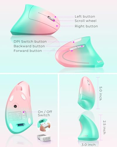 Lekvey Ergonomic Mouse, Rechargeable Wireless Vertical Mouse, Pink Green | USB-C Charging, 2.4G Wireless, 1000/1200/1600 DPI, Quiet Click, 6 Buttons, Carpal Tunnel Mouse, for Laptop, PC, Computer, Mac - color: Pink Green