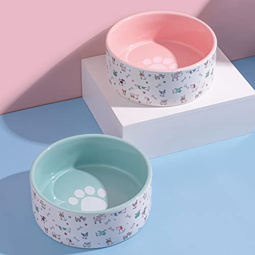 Ceramic Dog Bowls - Large, 64 Fl Oz Heavy Duty, Adorable Dog Patterns (Large, Blue) - color: Blue Patterned, size: Large-8 inch