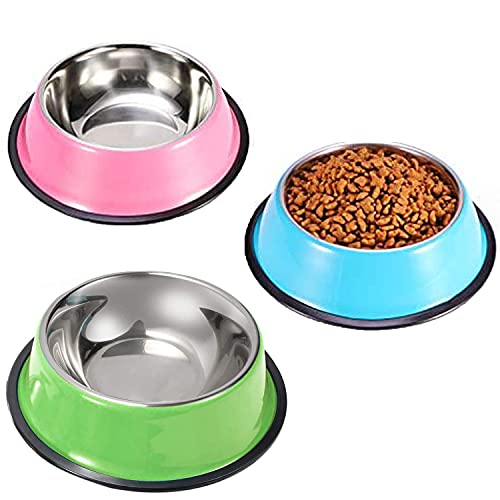 YUDANSI Stainless Steel Shallow Cat Bowls 3 Pack, Puppy Small Dogs Feeder for Food Water, Lightweight Small Pet Dish Set Multi-color for Wet Food Kibble Treats, Non Slip Anti Overturning Feeding Plate - color: 5.9in