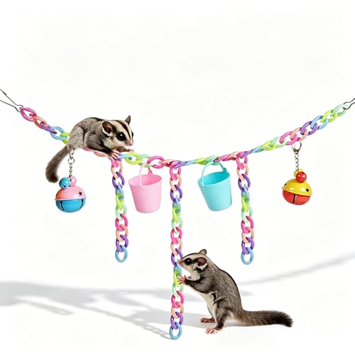 Sugar Glider Toys, Cage Accessories Hanging Climbing Toy Set with Bells | 66 Plastic Links, Bells & Feeding Buckets, Hanging Climbing Toy Set, Foraging Activities, Small Pet Cage Accessories