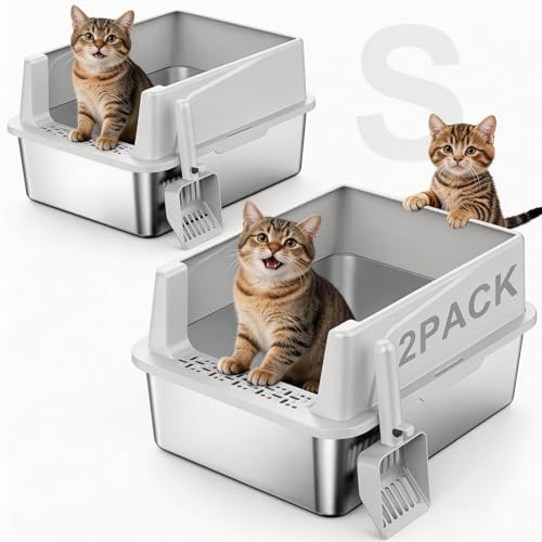 FURTIME 2 Pack Stainless Steel Cat Litter Box with Lid, Metal Kitty Litter Box for Small Cats, Kitten Litter Boxs with Non-Sticky, Anti-Leakage, Easy to Clean, 17"x13"x8.4" (Small) - color: Silver