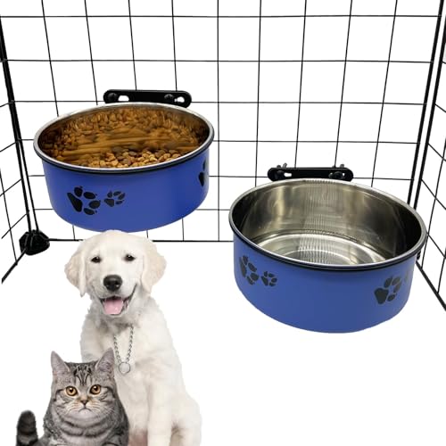 Dog Crate Food and Water Bowl 2Pcs Small Pet Hanging Kennel Removable Dish Feeding Cup with Holder for Medium Large Size Cat Puppy (Blue, 5.5''X2.3''&6.3‘’X2.5'') - color: blue