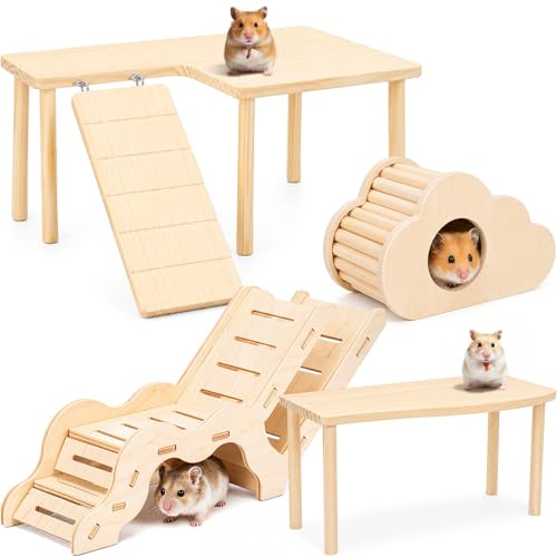 BreezeHug 4 Pcs Hamster Cage Accessories Hamster Platform Hideout Wooden Tunnel Ladder Playhouse Game Climbing Toy with Platform for Pets Dwarf Syrian Mice Degus Gerbils Squirrel(L-Shaped) - style: L-shaped