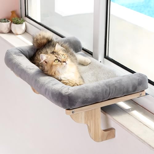 Zakkart Cat Perch for Window Sill with Bolster - Orthopedic Hammock Design with Premium Hardwood & Robust Metal Frame - Cat Window Seat for Large Cats - Natural Color Wood Gray Bed, 26.4''W - color: Natural Color Wood with Gray Bed, size: 26.4''L x 15''W