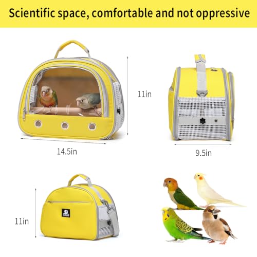 Bird Carrier,Bird Cage Parakeet Parrot Budgie Carrier Backpack for Small Birds, Travel Bird Cages with Perch, Transparent Ventilation Cockatiels, Lightweight Pet Carrier for Outdoor Use(Yellow)