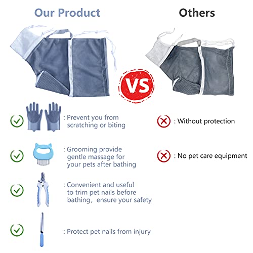 KlerRoem Cat Bathing Bag, Adjustable Anti-bite and Anti-Scratch Shower Mesh Grooming Bag for Pet Dogs, Includes Pet Nail Clipper, Nail File, Grooming Glove, and Cat Shell Comb - color: Grey Set